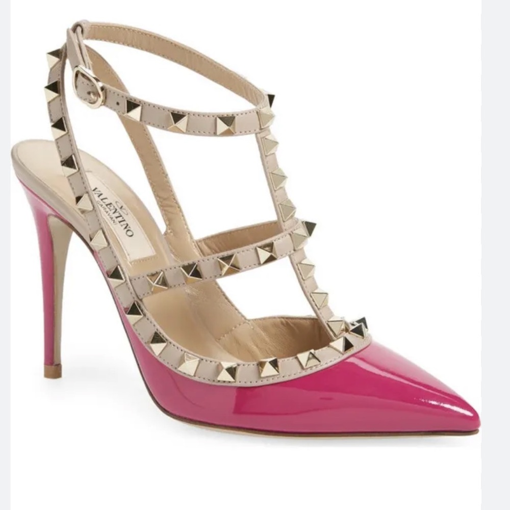 Valentino Gold Pyramid Rockstud Fuchsia Poudre Patent Leather Sandals